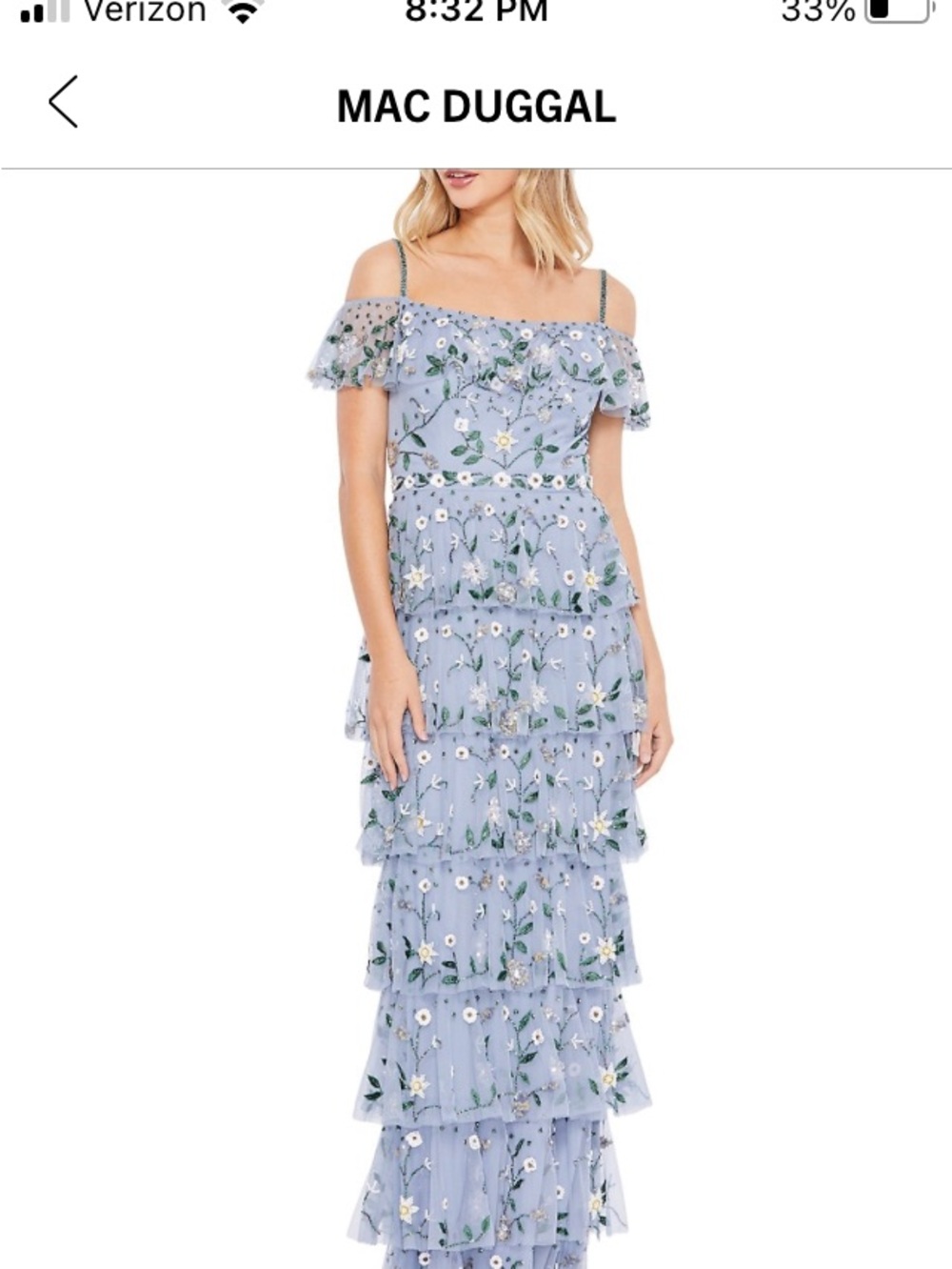 Mac Duggal beaded Powder Blue Floral Off-Shoulder Tiered Maxi Dress. 14